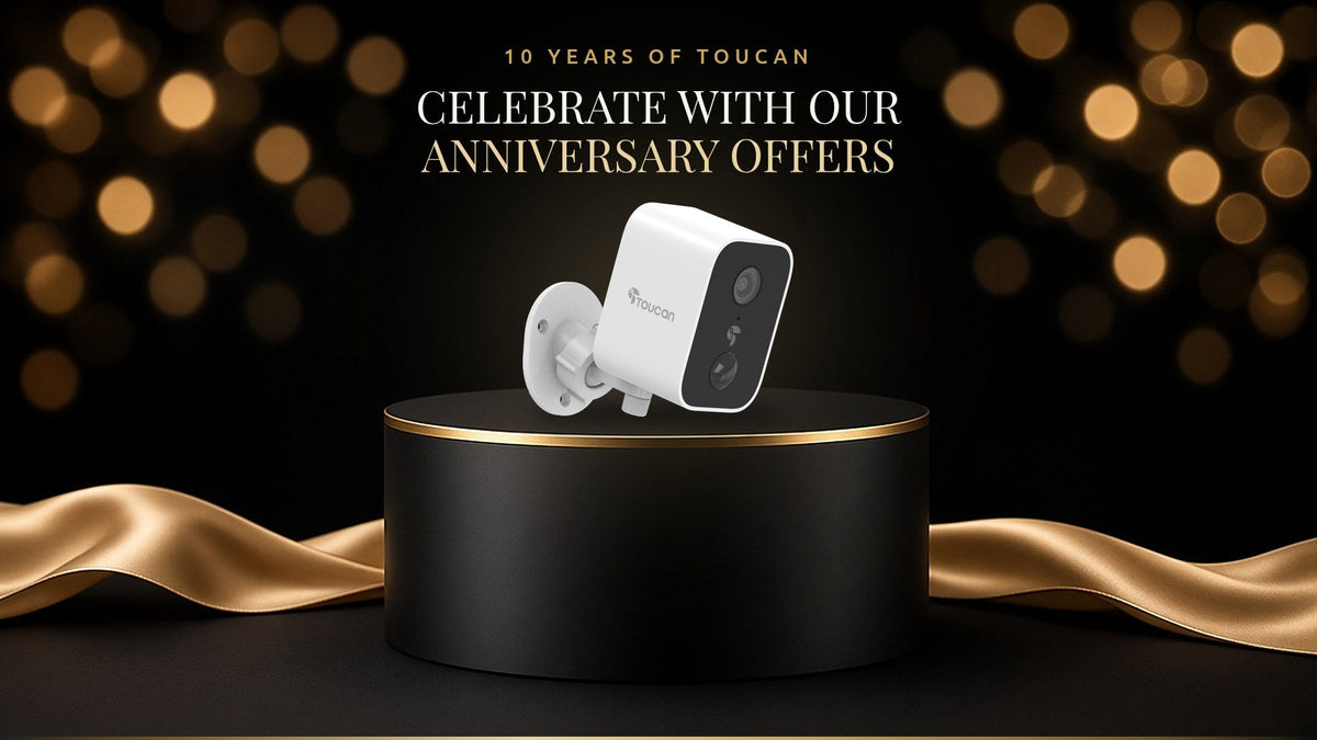 Toucan S2 Wireless Security Camera on a black and gold display with a gold ribbon, celebrating 10 years of Toucan anniversary offers