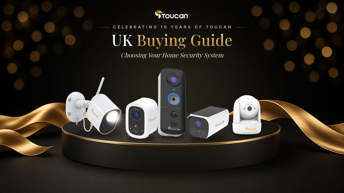 Toucan V3 video doorbell, S4, S5 solar, Floodlight and Seek cameras on a black and gold stage: UK buying guide to choosing a home security system