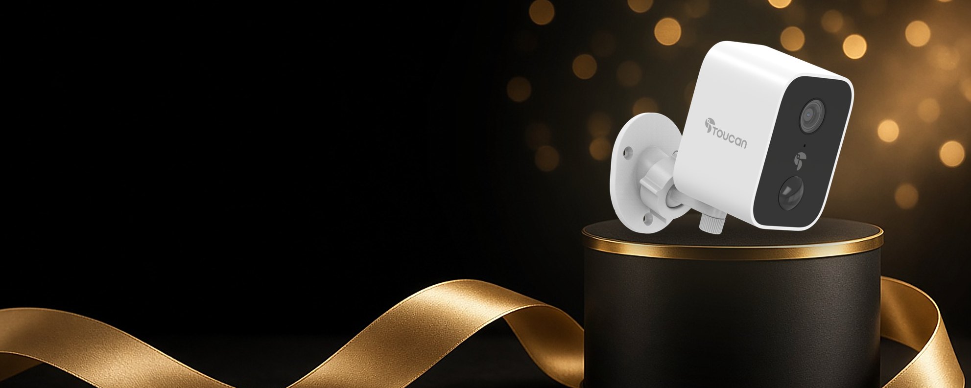 Toucan S2 Wireless Security Camera on a black and gold display stand with a gold ribbon